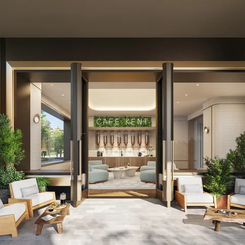 a dining room with furniture and window