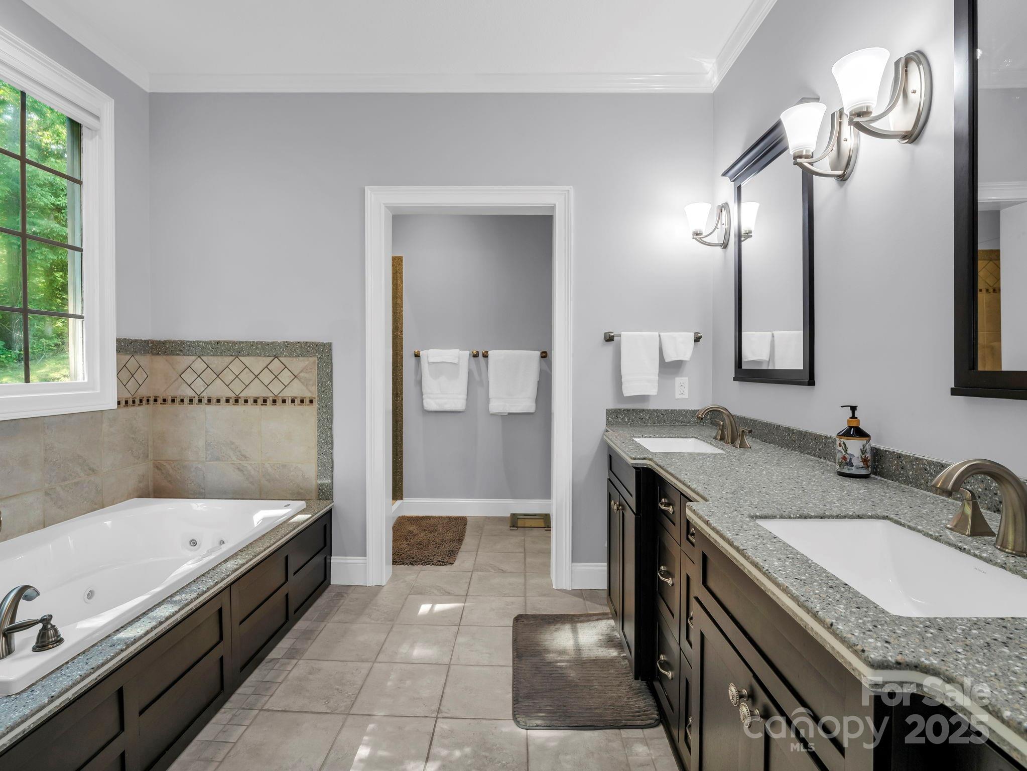 34 West Rambling Creek Tryon, NC 28782 - Photo 18 of 48 a bathroom with a granite countertop tub sink and mirror