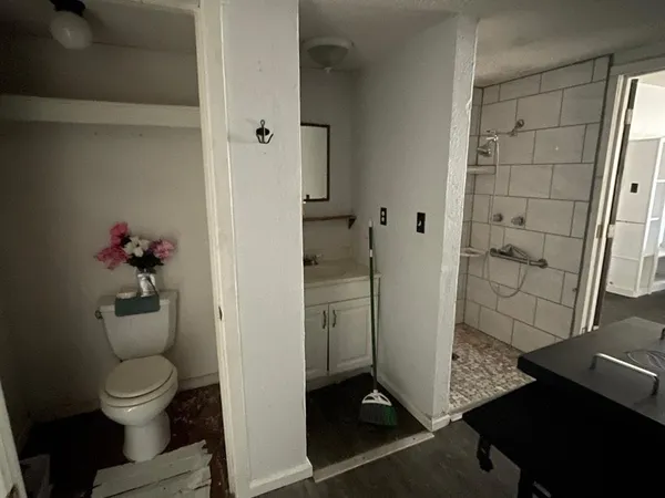 a bathroom with a toilet and a shower