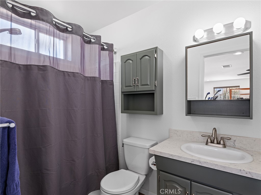 14060 Osage Road Apple Valley, CA 92307 - Photo 17 of 39 a bathroom with a sink a toilet a mirror and shower curtain