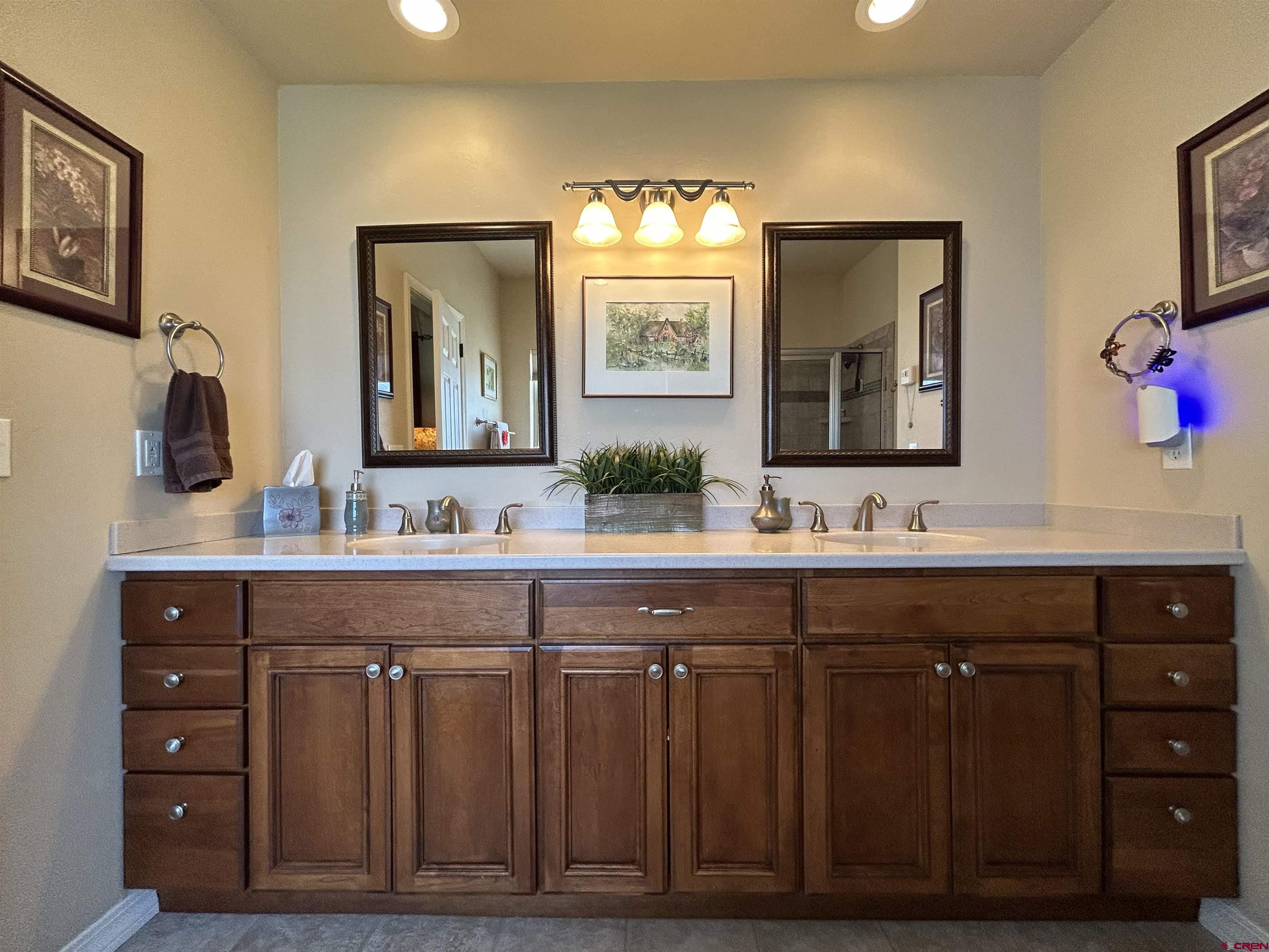 850 Southeast Pinyon Street Cedaredge, CO 81413 - Photo 20 of 45 a bathroom with a double vanity sink and a mirror