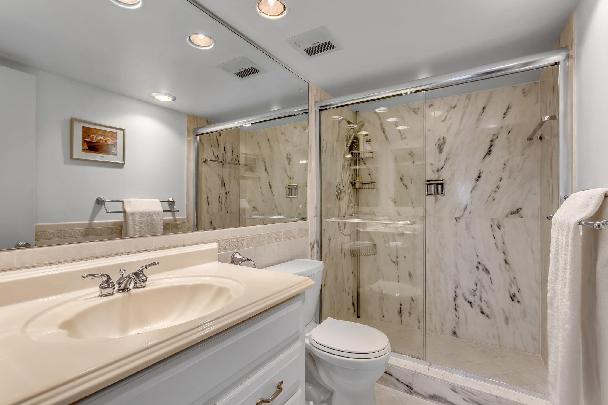 701 East Camino Real, Unit 8F Boca Raton, FL 33432 - Photo 48 of 54 a bathroom with a granite countertop sink toilet and shower