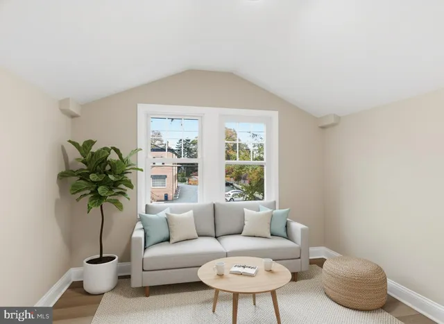 a living room with furniture a potted plant and a window