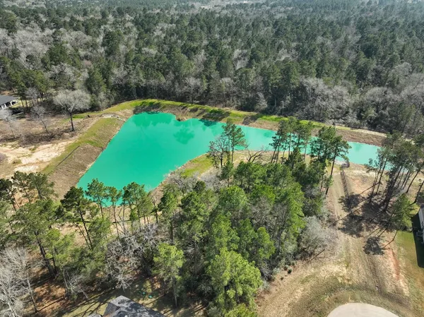 an aerial view of a residential houses with outdoor space and trees all around