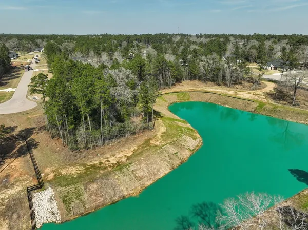 a view of a lake with a yard and large trees