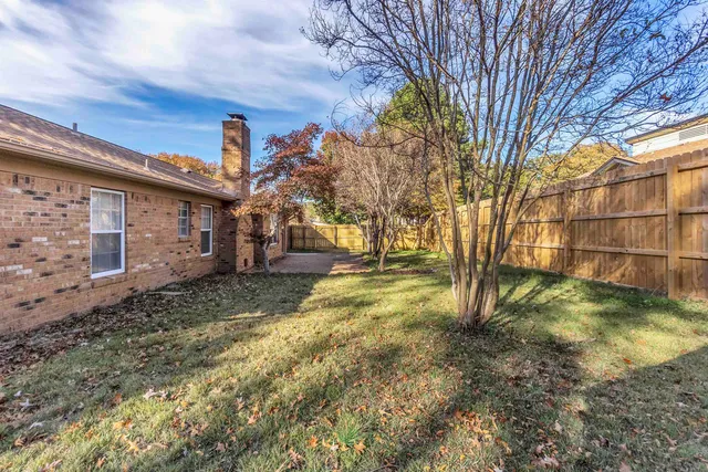 a view of a backyard with large trees