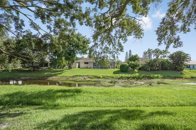 a view of a garden with large trees