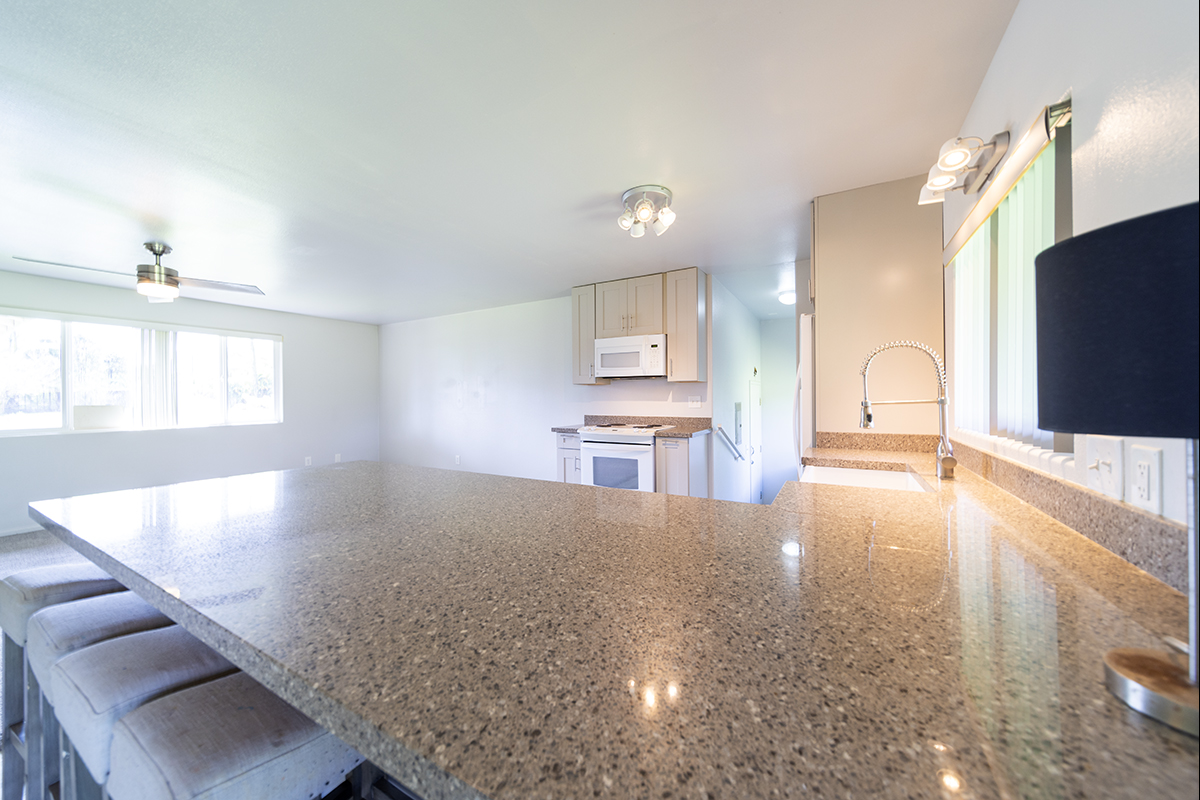 18-1264 Volcano Road Mountain View, HI 96771 - Photo 7 of 25 a view of a kitchen with kitchen island a sink wooden floor and a large window