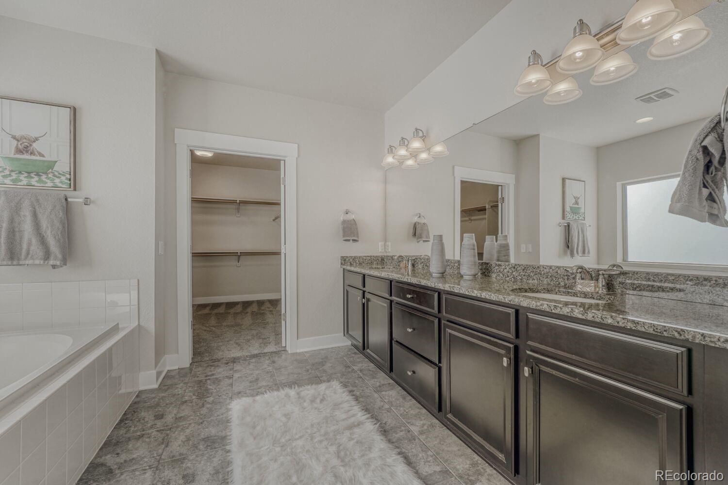 2861 Lima Street Denver, CO 80238 - Photo 20 of 45 a spacious bathroom with a granite countertop sink a toilet a mirror and vanity