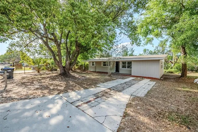 a view of a house with a yard and large tree