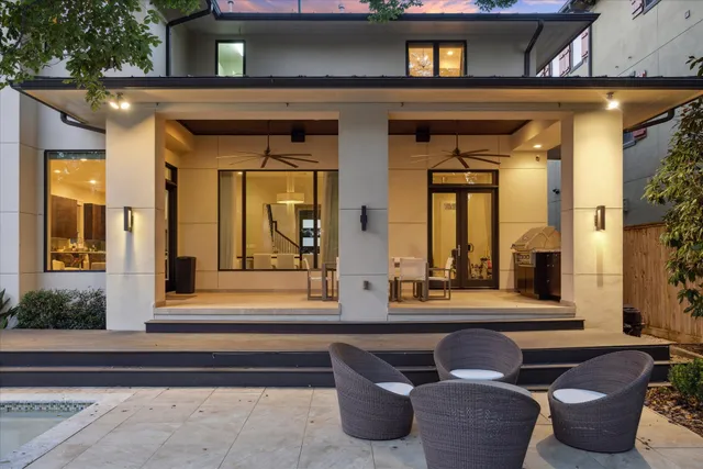 a building outdoor space with patio furniture