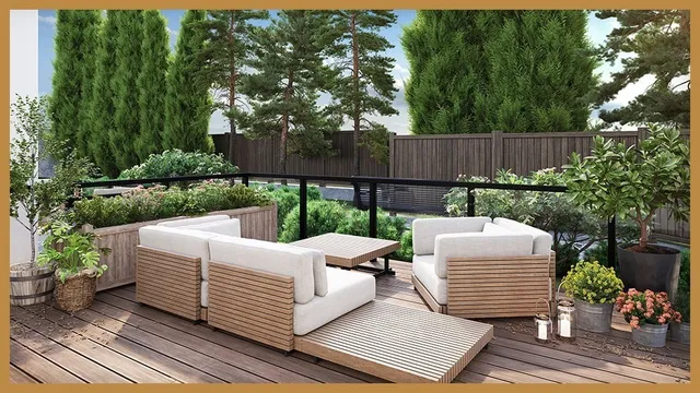 a view of a patio with table and chairs with wooden floor and fence