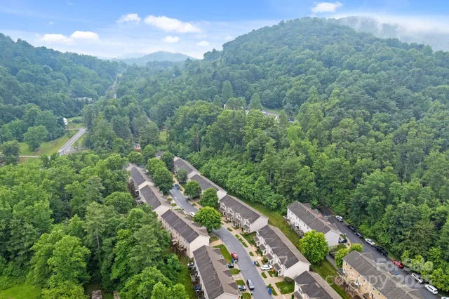 a view of a city with lush green forest