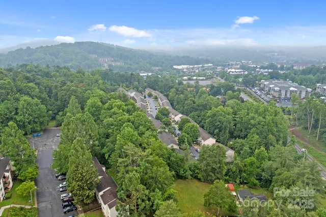 a view of a city with lush green forest