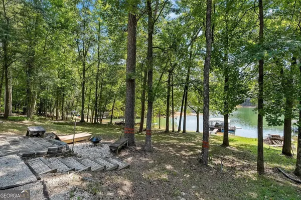 a view of a park with large trees