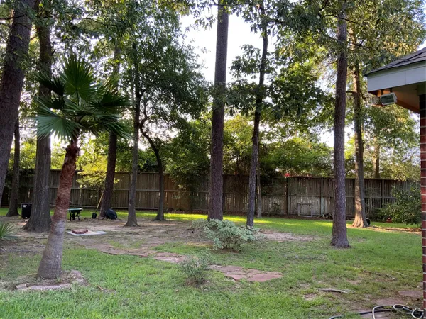 a view of a backyard with a fountain and large trees