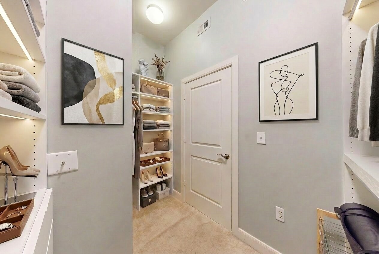 1010 Rosine Street, Unit 29 Houston, TX 77019 - Photo 5 of 16 This is a well-organized walk-in closet featuring ample shelving for clothes, shoes, and accessories. It has a neutral color palette with modern artwork, providing a clean and stylish look. (Virtual Staging)