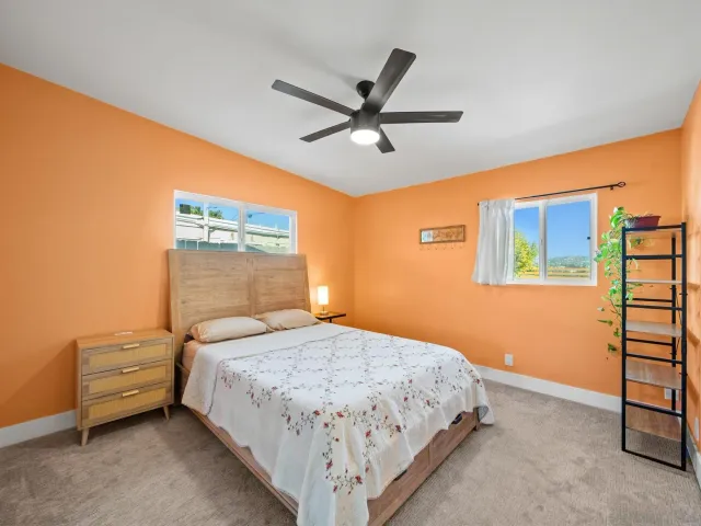 a bedroom with a bed and a ceiling fan