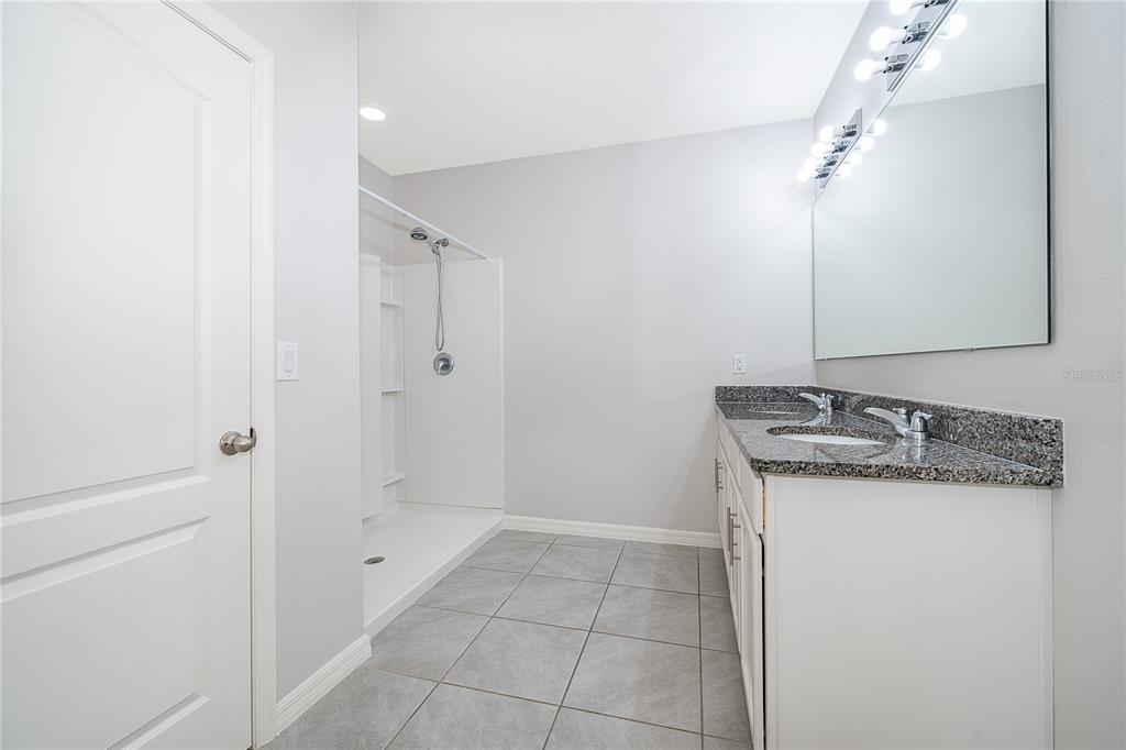 3102 Bethpage Loop Mount Dora, FL 32757 - Photo 23 of 29 a bathroom with a granite countertop sink a mirror and shower