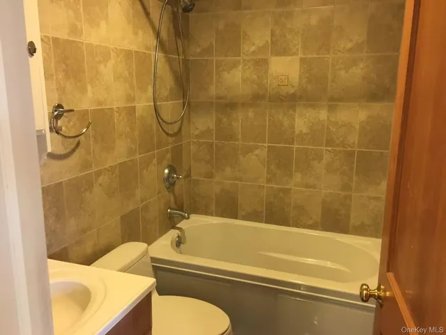 a bathroom with a toilet and a bath tub