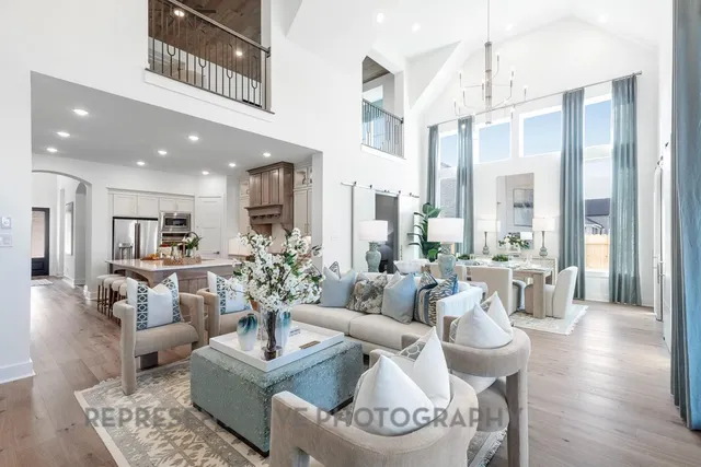 a living room with furniture potted plants and a chandelier