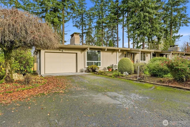front view of house next to a yard with potted plants and a large tree