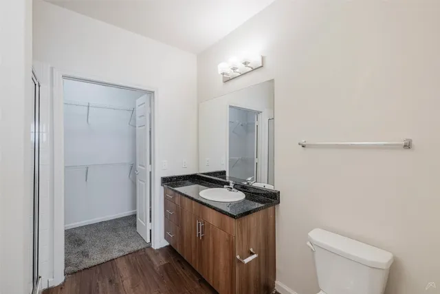 a bathroom with a granite countertop sink and a toilet