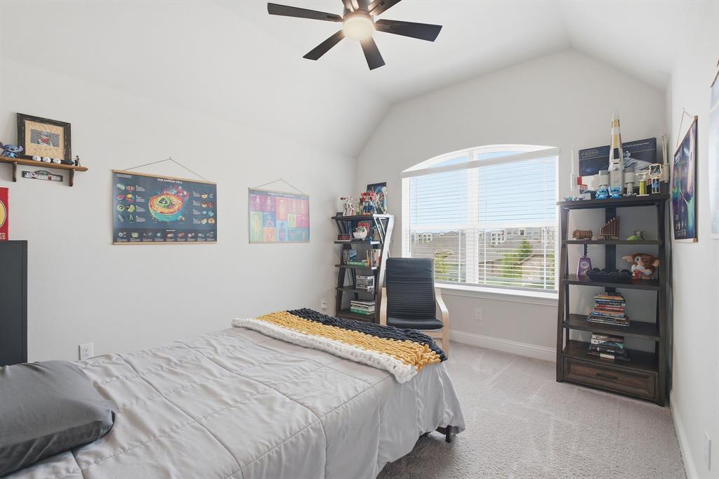 313 Tate Lane Anna, TX 75409 - Photo 23 of 30 Vaulted ceiling bedroom featuring a large arched window with horizontal blinds, overhead ceiling fan, and carpet flooring