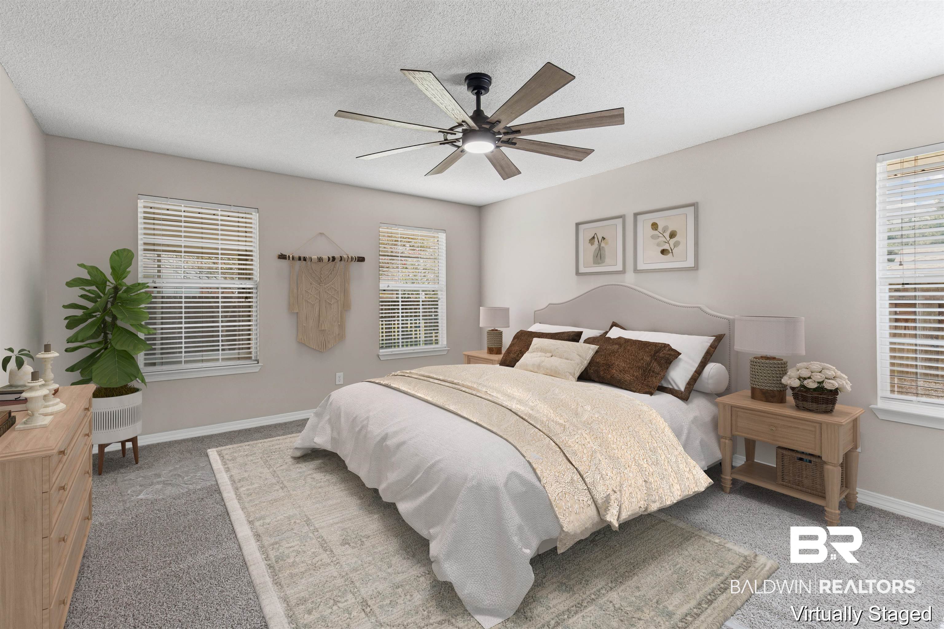 2701 Hampton Park Circle Foley, AL 36535 - Photo 20 of 44 Bedroom with light carpet, a textured ceiling, a ceiling fan, and multiple windows