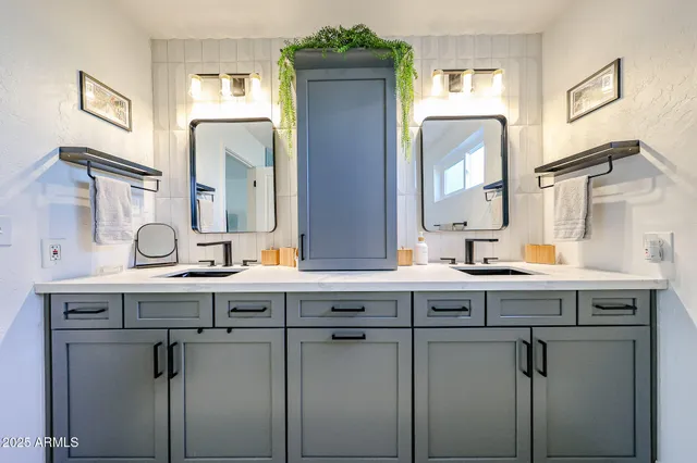 a bathroom with a sink a potted plant and a mirror