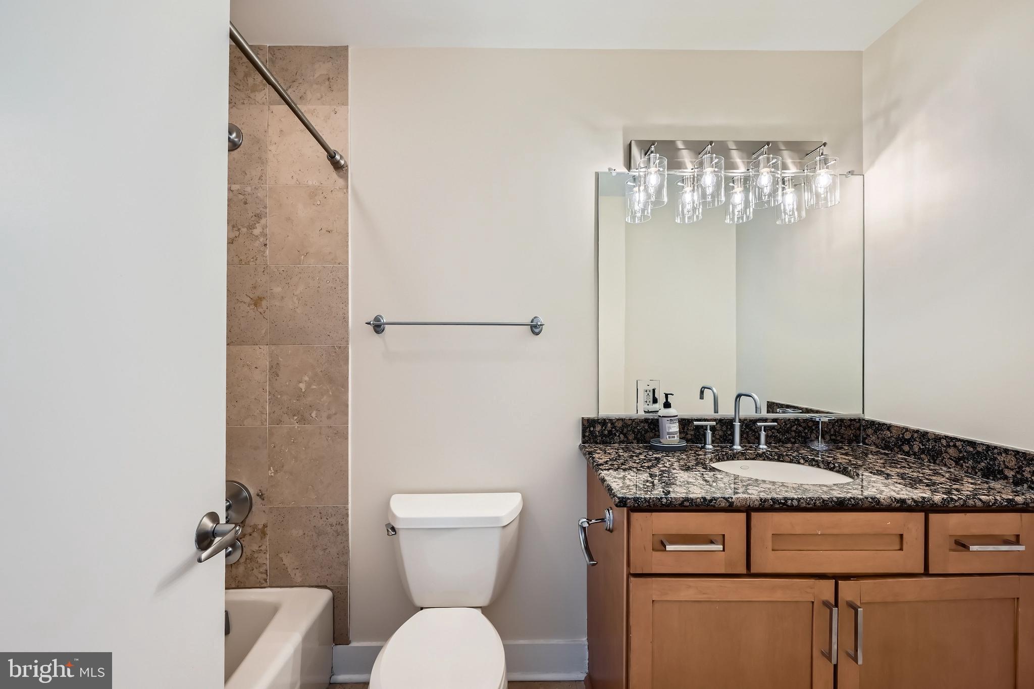 1400 Lancaster Street, Unit 303 Baltimore, MD 21231 - Photo 21 of 36 a bathroom with a granite countertop toilet sink and mirror
