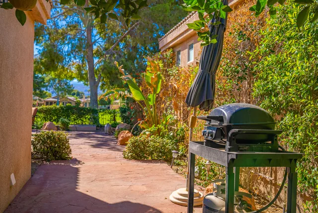 a view of a patio with table and chairs potted plants and large tree
