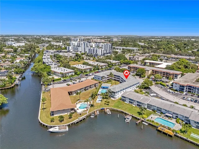 an aerial view of a swimming pool