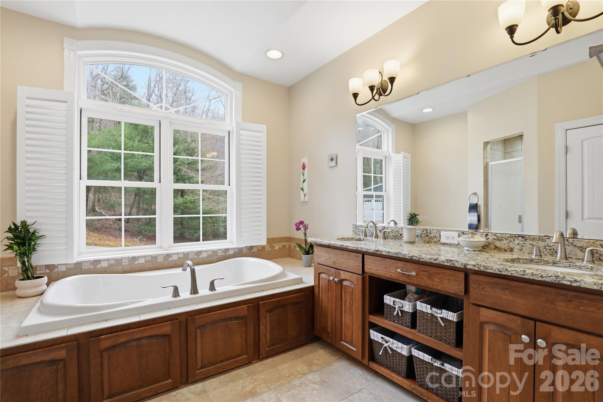1084 Rocky Headwaters Road Moravian Falls, NC 28654 - Photo 16 of 43 a spacious bathroom with a granite countertop double vanity and a large mirror