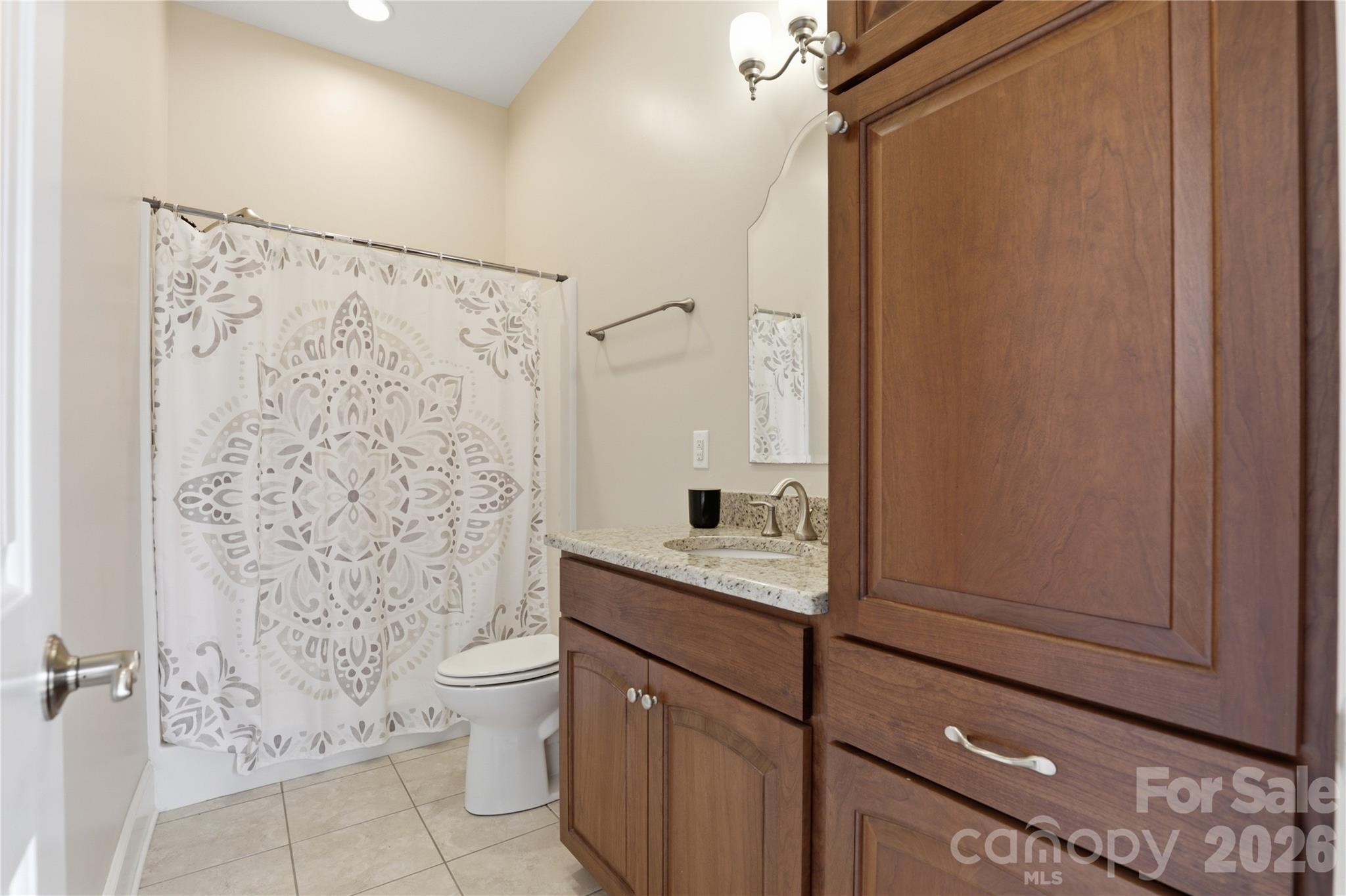 1084 Rocky Headwaters Road Moravian Falls, NC 28654 - Photo 28 of 43 a bathroom with a granite countertop sink a toilet and shower curtain