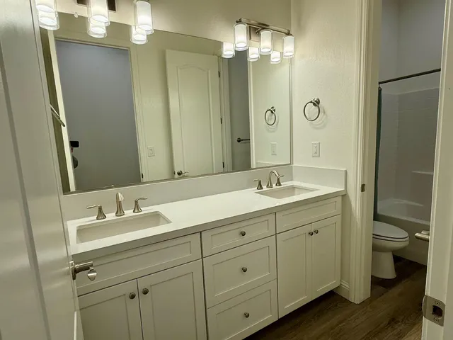 a bathroom with a double vanity sink mirror and toilet