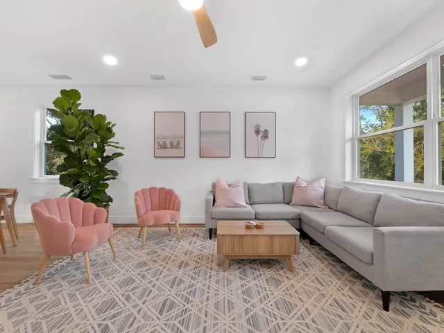 a living room with furniture and a potted plant
