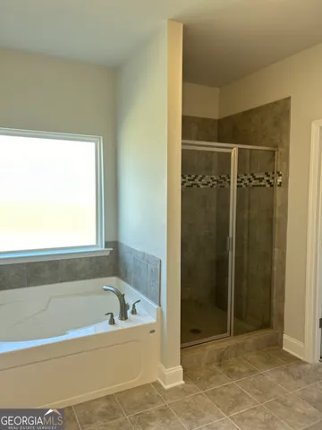 a bathroom with a bathtub and a shower