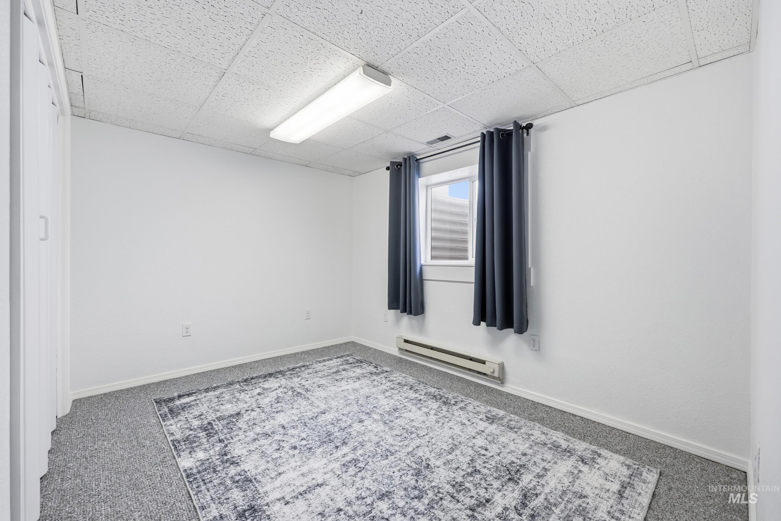 9762 Deer Flat Road Nampa, ID 83686 - Photo 10 of 24 Empty room featuring baseboard heating, carpet, and a drop ceiling