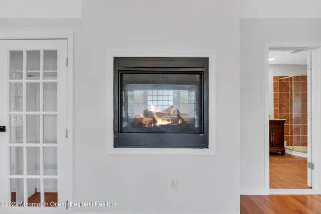 a room with a fireplace