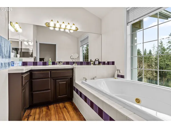 a en suite bathroom with a sink a large mirror and a bathtub