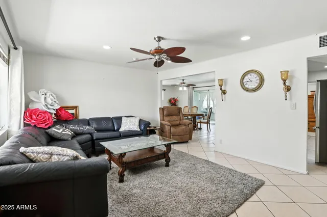 a view of a dining room with furniture