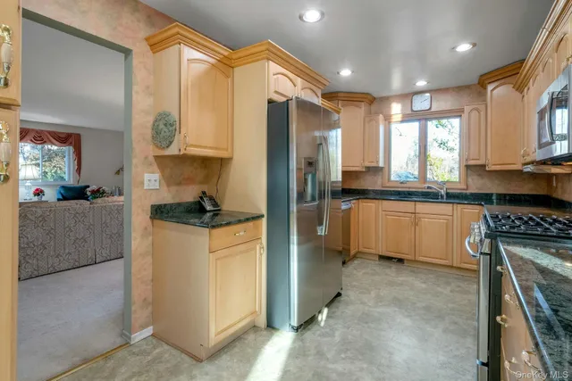 a kitchen with stainless steel appliances granite countertop a stove a sink and a refrigerator