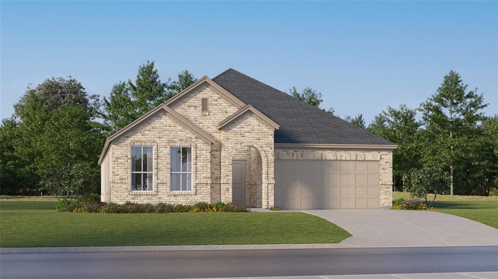 2605 Conroe Road Celina, TX 75009 - Photo 1 of 1 French country home featuring a garage, concrete driveway, a front lawn, and brick siding