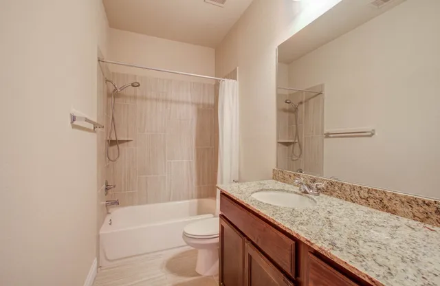 a bathroom with a granite countertop sink a toilet and shower