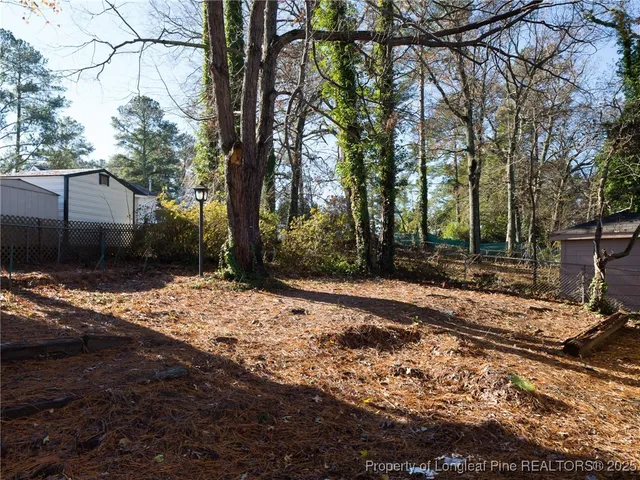 a backyard of a house with a large tree