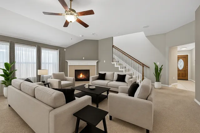 a view of an empty room with chandelier fan and windows