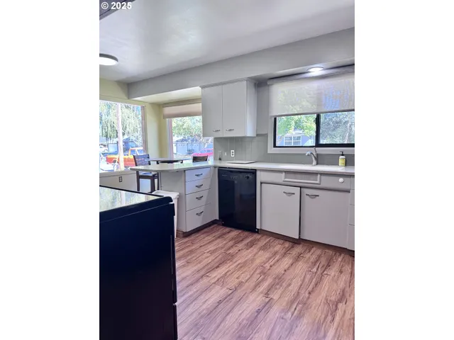 a kitchen with a sink cabinets and wooden floor