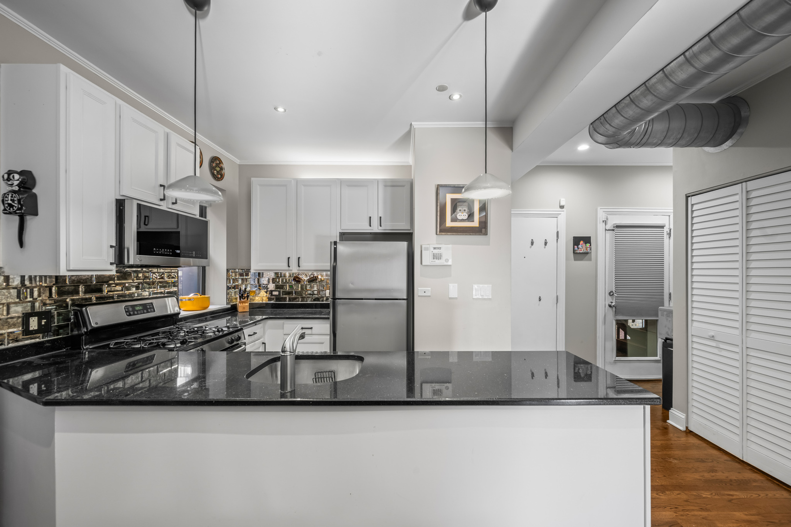 1647 West Addison Street, Unit 1B Chicago, IL 60613 - Photo 9 of 23 a kitchen with stainless steel appliances granite countertop a sink a stove and a refrigerator