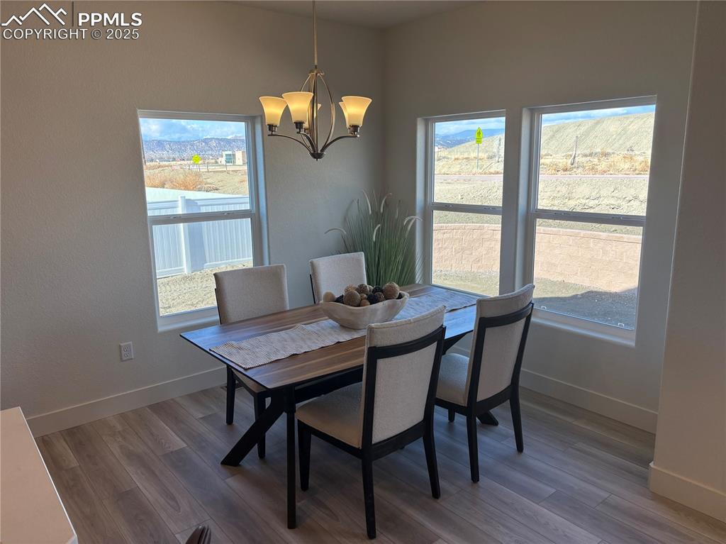 817 Keystone Loop Canon City, CO 81212 - Photo 5 of 19 Dining area with a chandelier, wood finished floors, and healthy amount of natural light